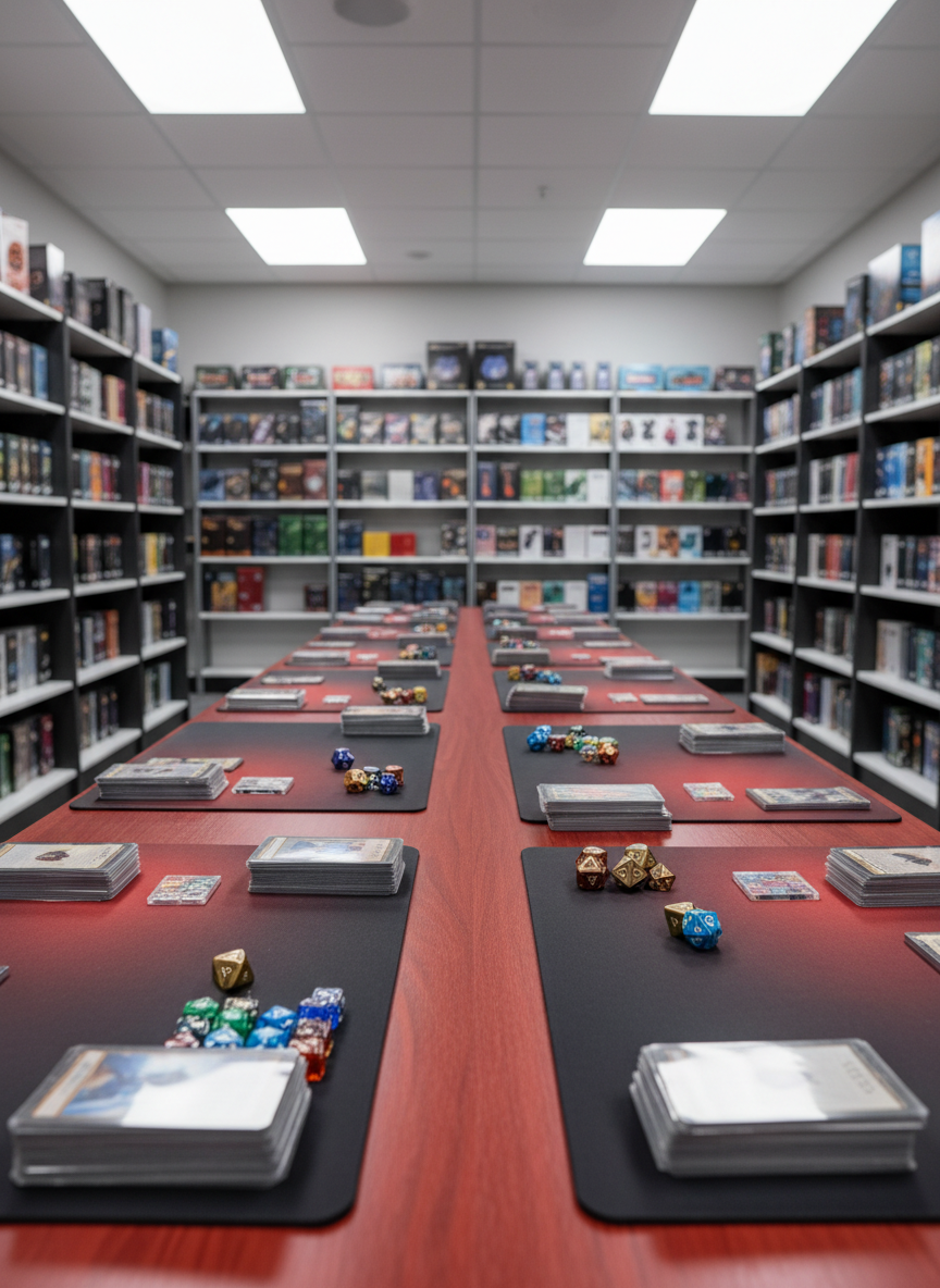 A panoramic, photographic realism scene of a long, red-stained wooden table prepared for an MTG eternal-format event, viewed from a slightly elevated, wide-angle perspective. Multiple pristine playmats in dark grays and deep reds are aligned with precise spacing, each topped with neatly stacked decks in protective sleeves, polished metal dice, and acrylic tokens. Overhead, bright but diffused fluorescent lights wash the table in even illumination, creating subtle reflections on glossy card surfaces while casting soft shadows beneath accessories. In the blurred background, tall shelving holds organized rows of deck boxes, binders, and booster boxes, adding context without clutter. The atmosphere is bold, orderly, and tournament-ready, evoking the anticipation of a major event while maintaining a clean, modern, photographic aesthetic focused on the enduring world of eternal Magic formats.