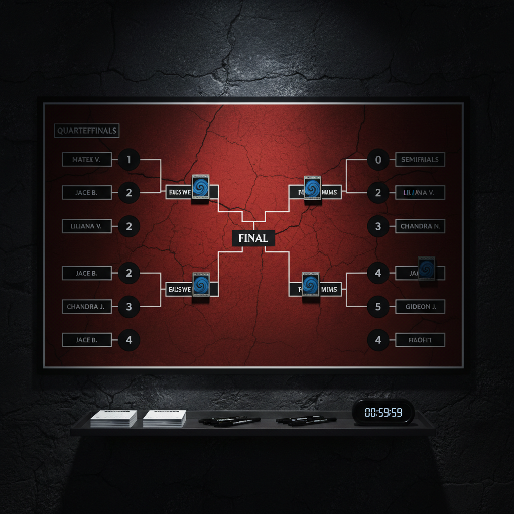 A bold, photographic realism close-up of a vibrant, stylized tournament bracket board for an eternal MTG event, mounted on a dark slate wall with a textured, industrial finish. The bracket lines are drawn in sharp white over a deep red background that subtly echoes cracked red dirt, with neatly printed match labels and round markers in matte black. Metallic magnets shaped like card backs indicate advancing positions, catching glints of cool, overhead spotlighting. At the base of the board, a small ledge holds a stack of score slips, pens, and a sleek black timer. The lighting is dramatic but controlled, with a focused beam highlighting the center of the bracket while the edges fade into gentle shadow. The mood is energetic and competitive, conveying the structure and excitement of a well-run MTG event.