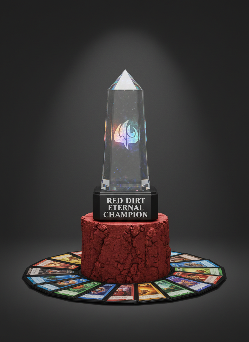 A richly detailed, photographic realism scene of a custom-designed trophy for an eternal MTG event, displayed on a pedestal made of rough, red-stained wood reminiscent of red dirt. The trophy features a clear crystal obelisk embedded with a suspended, holographic card-back emblem, mounted on a matte black metal base engraved with bold, silver lettering reading "Red Dirt Eternal Champion." A ring of premium, colorful sleeved cards fan out around the pedestal’s base, adding vivid contrast. A single overhead spotlight creates a dramatic halo on the obelisk, sending sharp highlights through the crystal and casting a strong, elongated shadow across a dark, minimalist backdrop. The composition is centered and symmetrical, with shallow depth of field that softens the background, creating a powerful, prestigious, and bold atmosphere that celebrates the enduring spirit of competitive Magic.