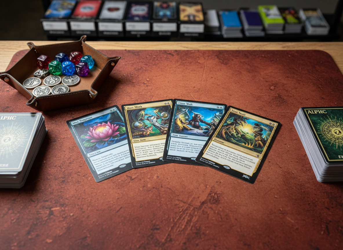 A tightly framed overhead photographic shot of an immaculate Magic: The Gathering playmat laid out on a worn, red-clay colored tabletop, evoking Oklahoma red dirt. Four vividly illustrated eternal-format cards fan out at center, their borders crisp and text sharply legible, with colorful card backs stacked neatly at the edges. A dice tray holds chunky, translucent spin-down life counters and metal tokens that glint under bright, focused LED tournament lighting from above. The background softly blurs into rows of deck boxes and neatly stacked card sleeves, creating depth without distraction. The mood is bold and competitive, emphasizing high-stakes gameplay in a clean, modern tournament environment, captured with photographic realism and rich contrast that makes the artwork and red-toned textures feel tactile and intense.