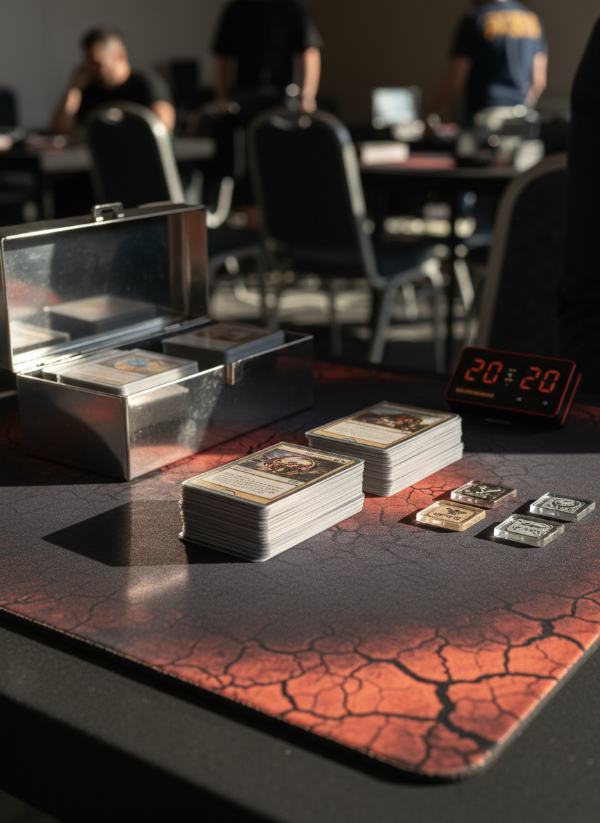 A cinematic, eye-level photographic image of a single, heavily-played but carefully double-sleeved eternal-format MTG deck, cut into precise piles mid-shuffle on a deep charcoal playmat with a striking red-dirt pattern along the edges. The matte texture of the sleeves contrasts with the subtle gloss of a custom metal deck box standing open beside it, revealing more sleeved cards within. A red LED digital life counter and a small cluster of etched glass tokens sit nearby. Strong directional lighting from the right creates dramatic side highlights and long, moody shadows, emphasizing every edge and texture. The background falls into a soft bokeh of indistinct gaming tables, amplifying focus on the deck. The mood is bold, intense, and competitive, celebrating the dedication behind eternal Magic gameplay in a modern, high-contrast photographic style.